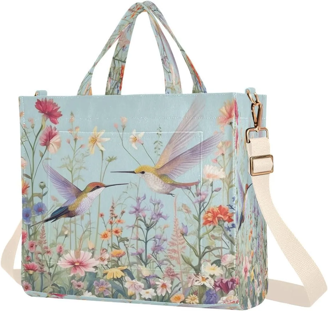 Hummingbirds and Flowers Corduroy Tote Bag for Women Hobo Crossbody Bag Purse Stylish Shoulder Handbag Messenger Bags, S
