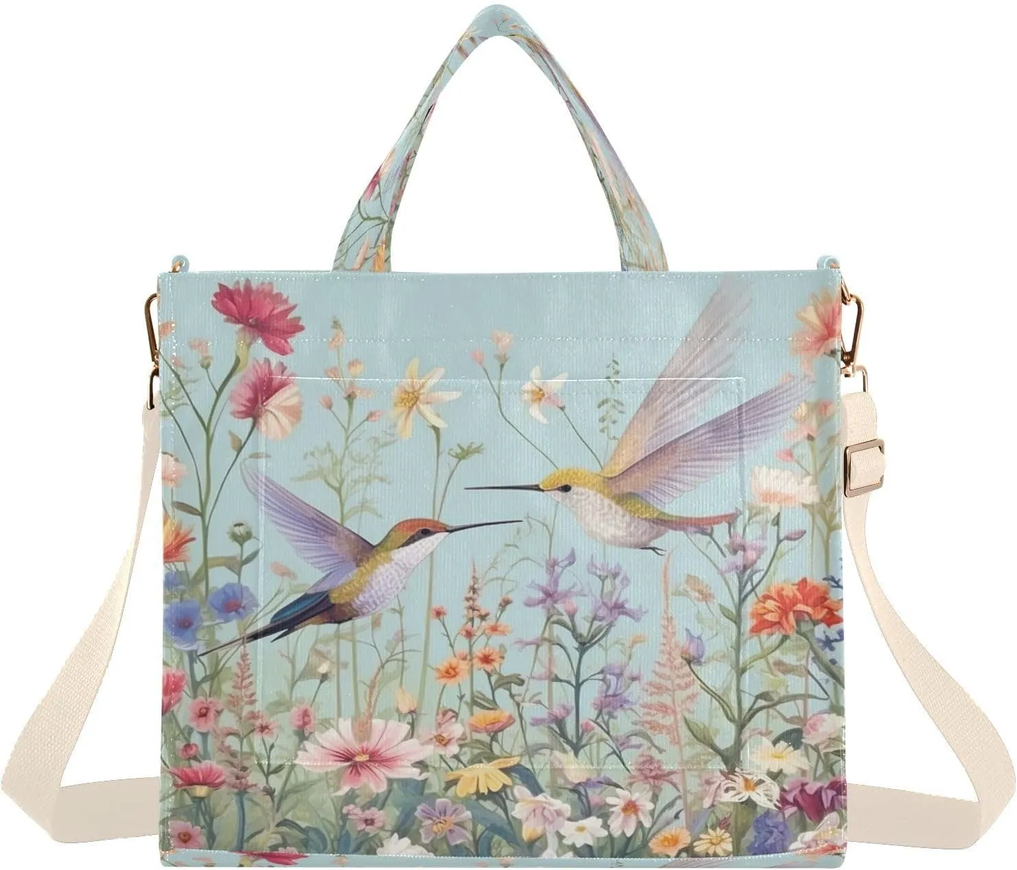 Hummingbirds and Flowers Corduroy Tote Bag for Women Hobo Crossbody Bag Purse Stylish Shoulder Handbag Messenger Bags, S