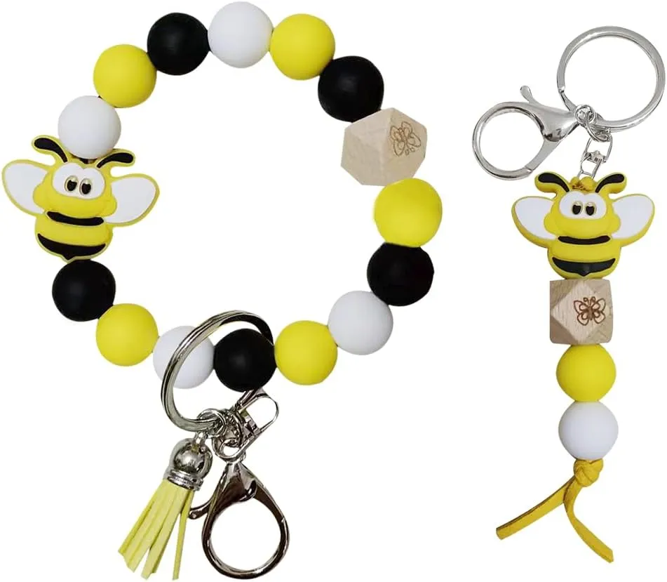 iMagitek Bumble Bee Silione Beaded Keychains Bee Wristlet Keyring for Girls Women Boys Gifts 2 Pack