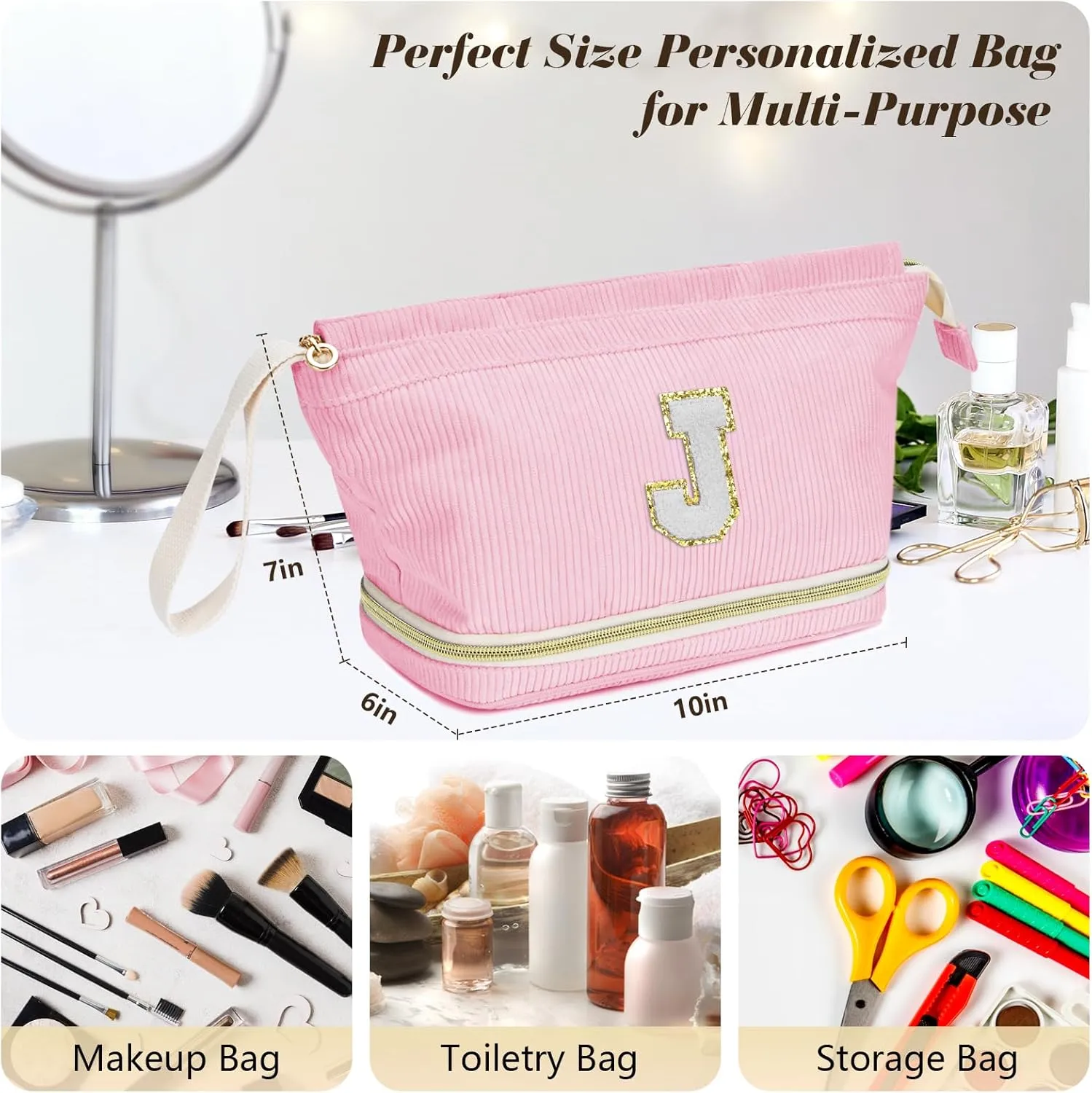 Initial Travel Makeup Bag for Women, Personalized Gift Large Double Layer Make Up Gift Cute Cosmetic Bag for Girl Makeup Pouch Wide-open Roomy Makeup Travel Bags Birthday Gifts for Her Pink - P