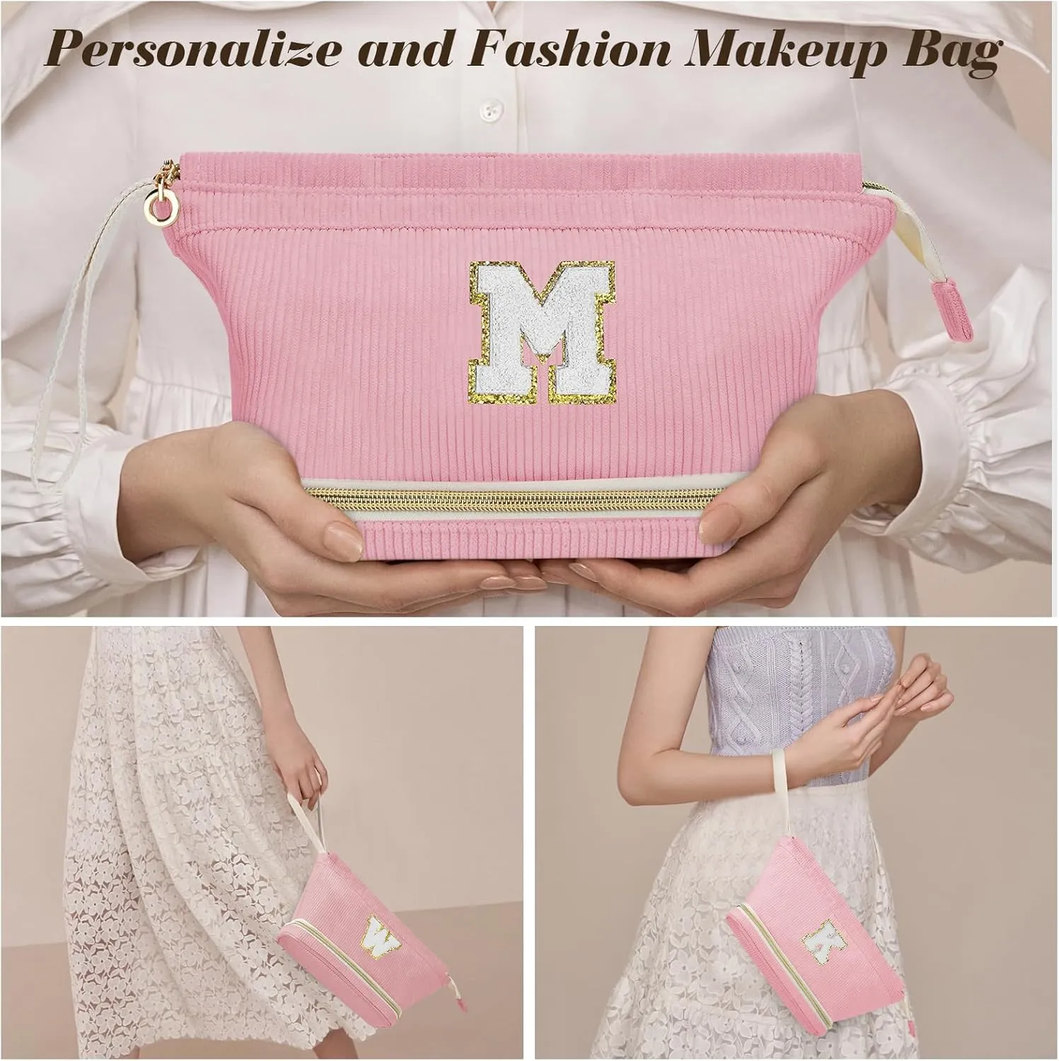 Initial Travel Makeup Bag for Women, Personalized Gift Large Double Layer Make Up Gift Cute Cosmetic Bag for Girl Makeup Pouch Wide-open Roomy Makeup Travel Bags Birthday Gifts for Her Pink - P