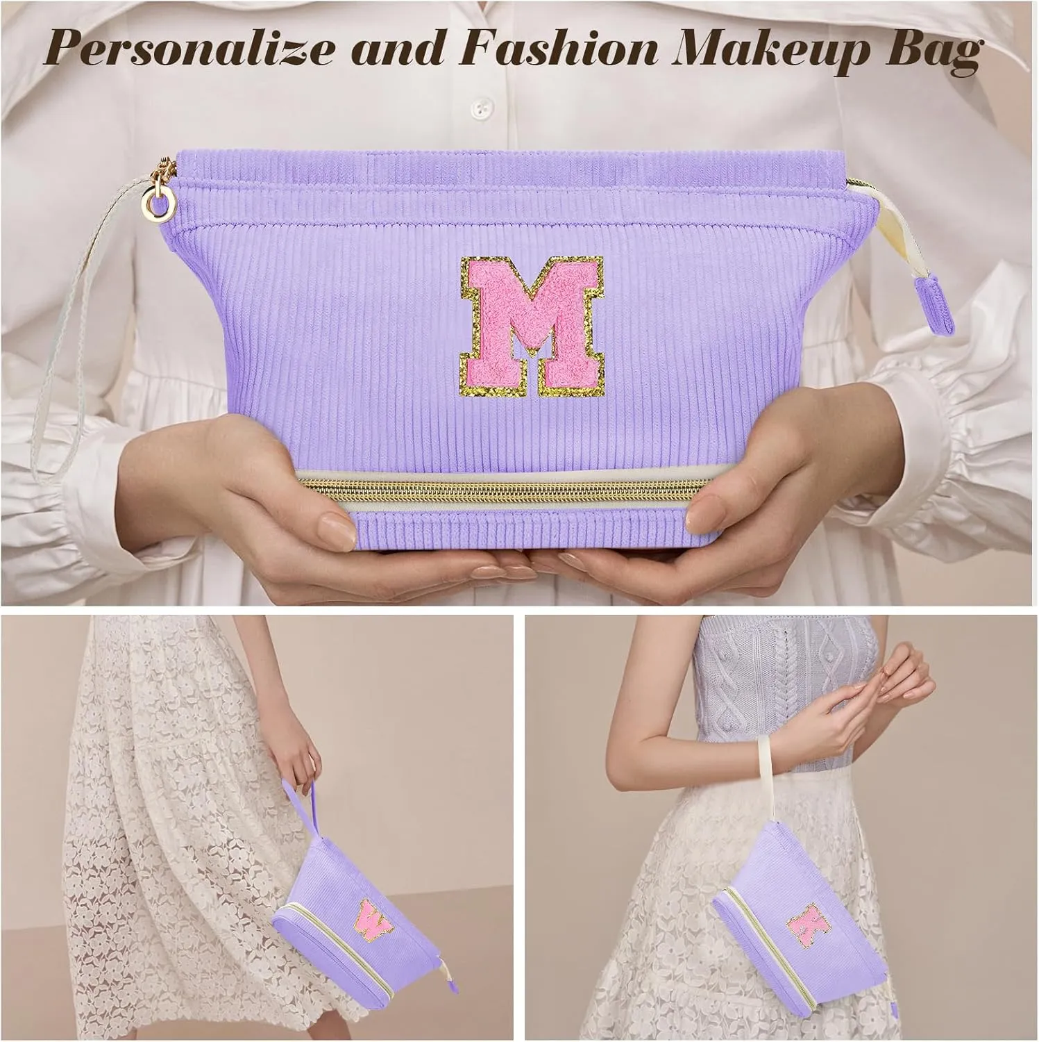 Initial Travel Makeup Bag for Women, Personalized Gift Large Double Layer Make Up Gift Cute Cosmetic Bag for Girl Makeup Pouch Wide-open Roomy Makeup Travel Bags Birthday Gifts for Her Purple - K