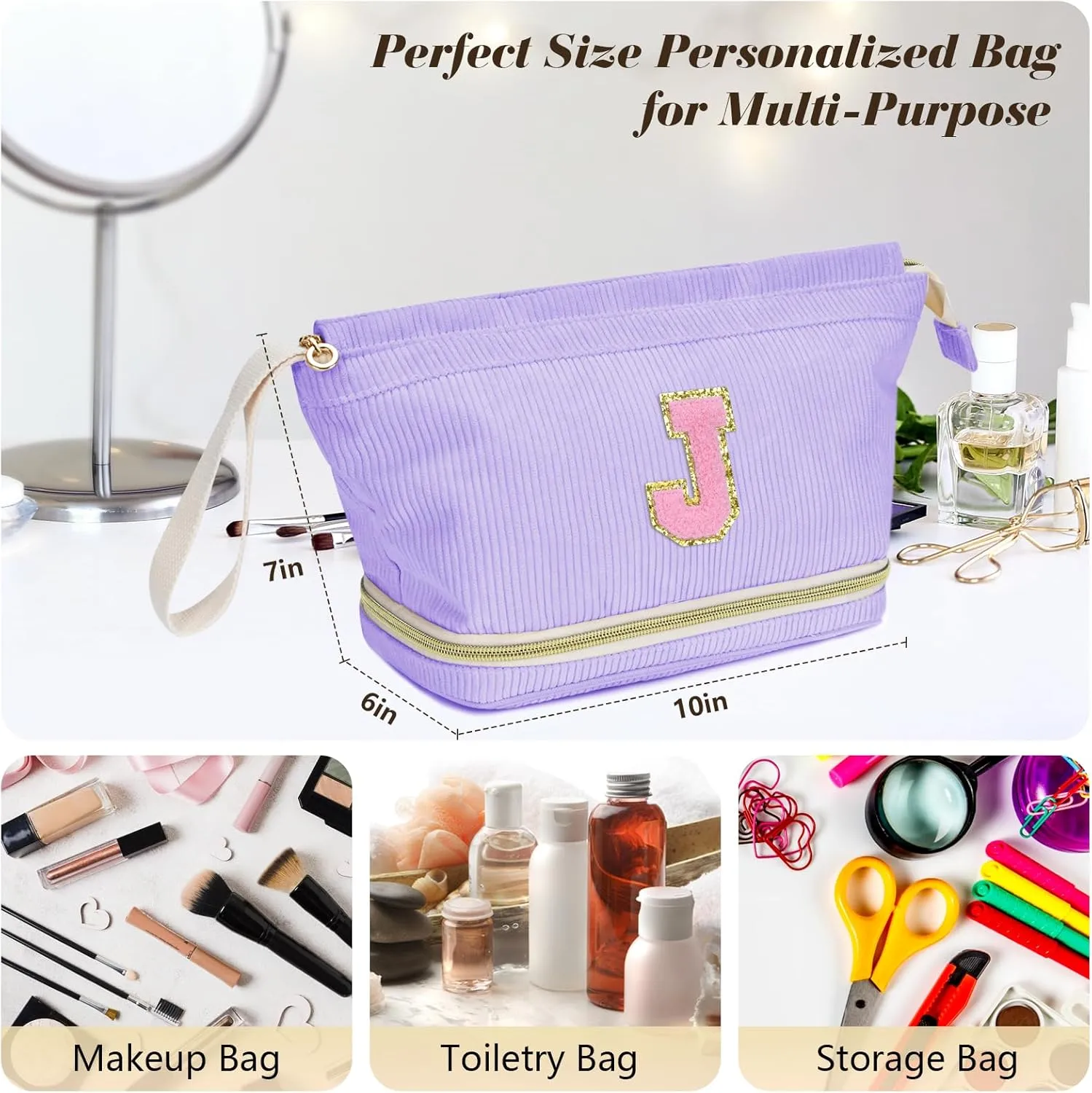 Initial Travel Makeup Bag for Women, Personalized Gift Large Double Layer Make Up Gift Cute Cosmetic Bag for Girl Makeup Pouch Wide-open Roomy Makeup Travel Bags Birthday Gifts for Her Purple - K