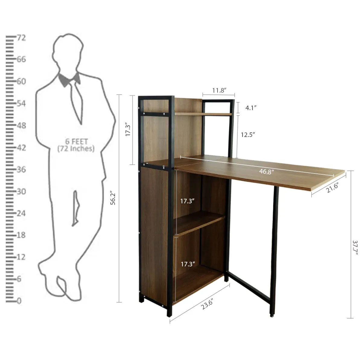 Kawachi Versatile Extendable Folding Storage Dining Table with 4 Shelves, Space Saving Kitchen Rack for Living Room/Home/Office Use Brown