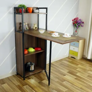 Kawachi Versatile Extendable Folding Storage Dining Table with 4 Shelves, Space Saving Kitchen Rack for Living Room/Home/Office Use Brown