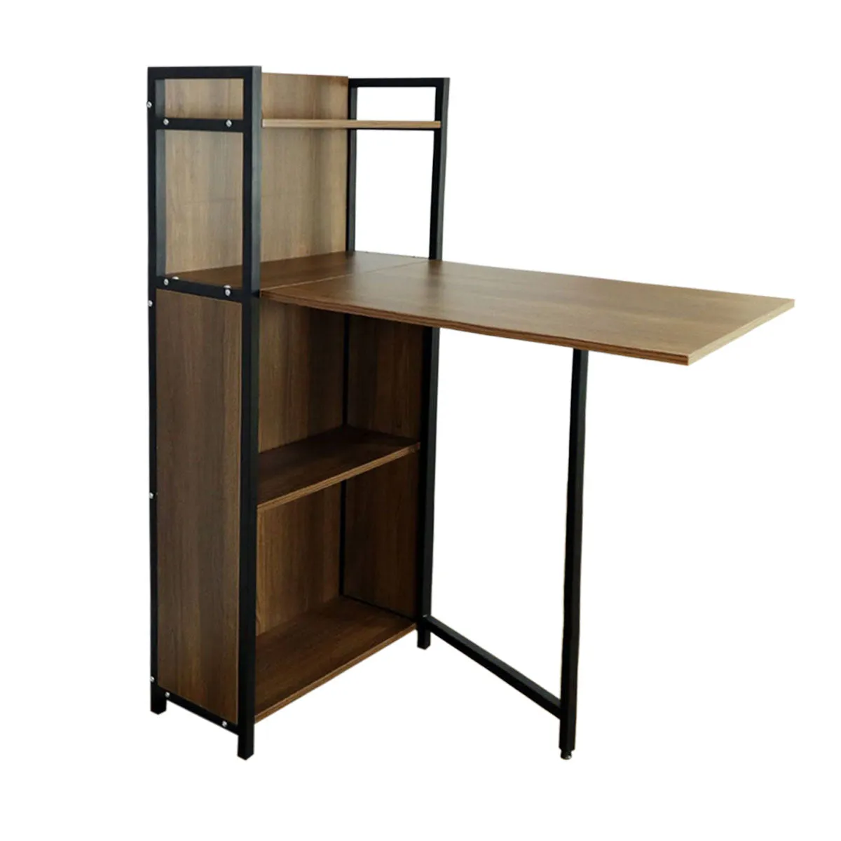 Kawachi Versatile Extendable Folding Storage Dining Table with 4 Shelves, Space Saving Kitchen Rack for Living Room/Home/Office Use Brown