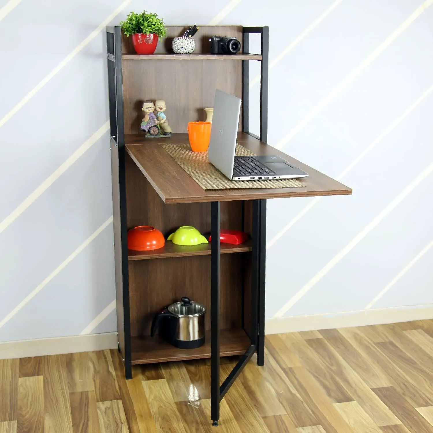 Kawachi Versatile Extendable Folding Storage Dining Table with 4 Shelves, Space Saving Kitchen Rack for Living Room/Home/Office Use Brown