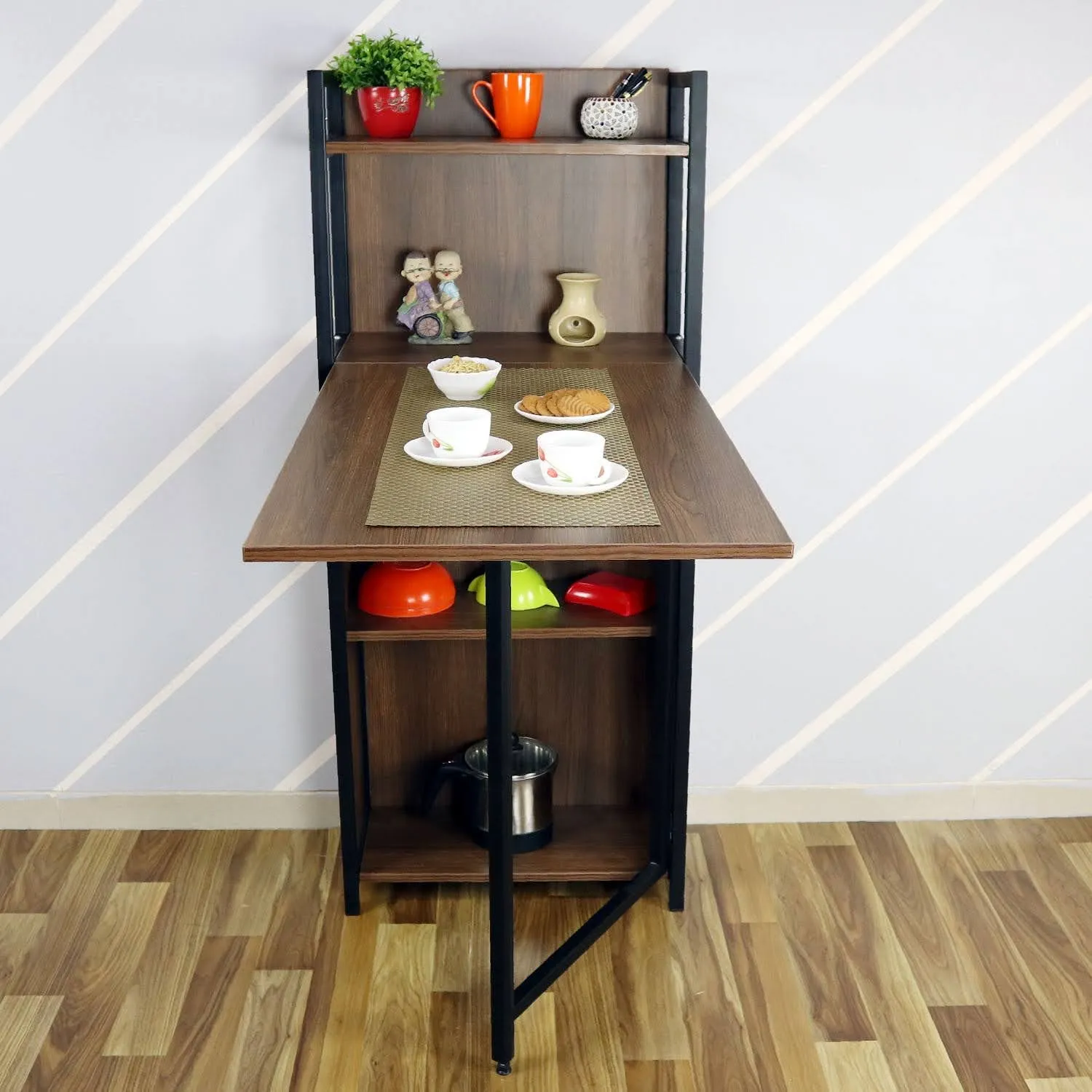 Kawachi Versatile Extendable Folding Storage Dining Table with 4 Shelves, Space Saving Kitchen Rack for Living Room/Home/Office Use Brown