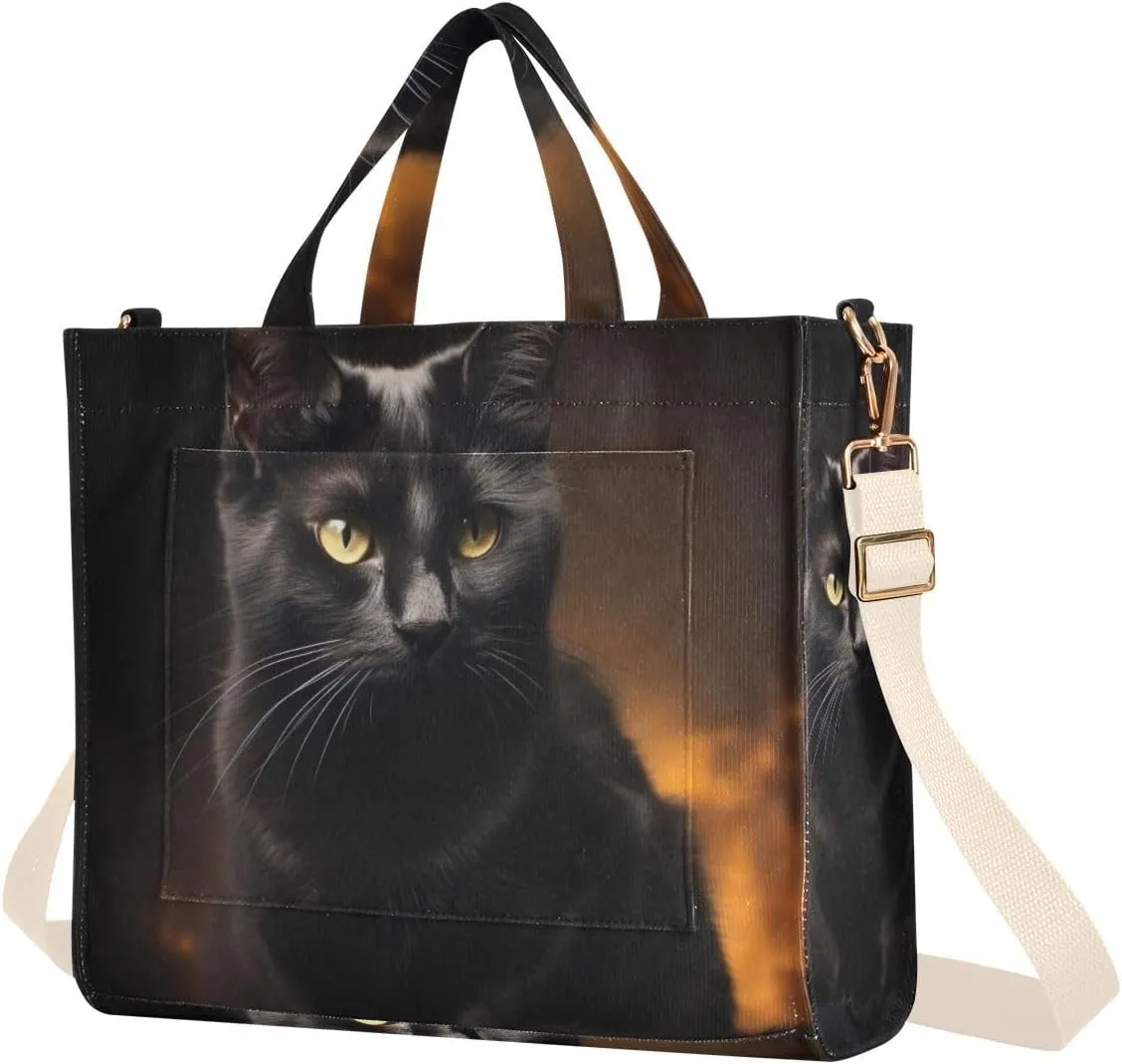 Kigai Black Cat Corduroy Tote Bag for Women Hobo Crossbody Bag Purse Stylish Shoulder Handbag Messenger Bags, S