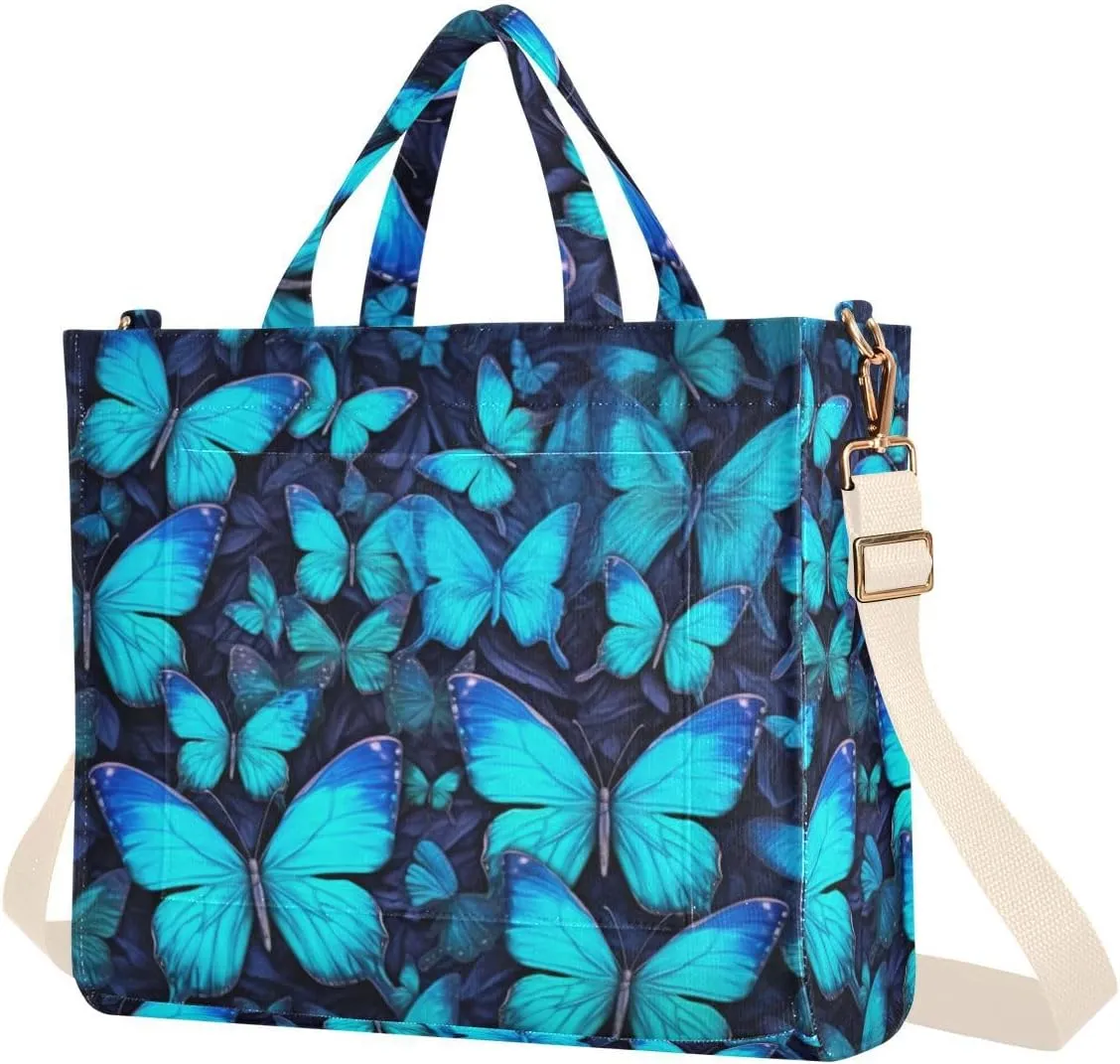 Kigai Butterfly Blue Corduroy Tote Bag for Women Hobo Crossbody Bag Purse Stylish Shoulder Handbag Messenger Bags, S