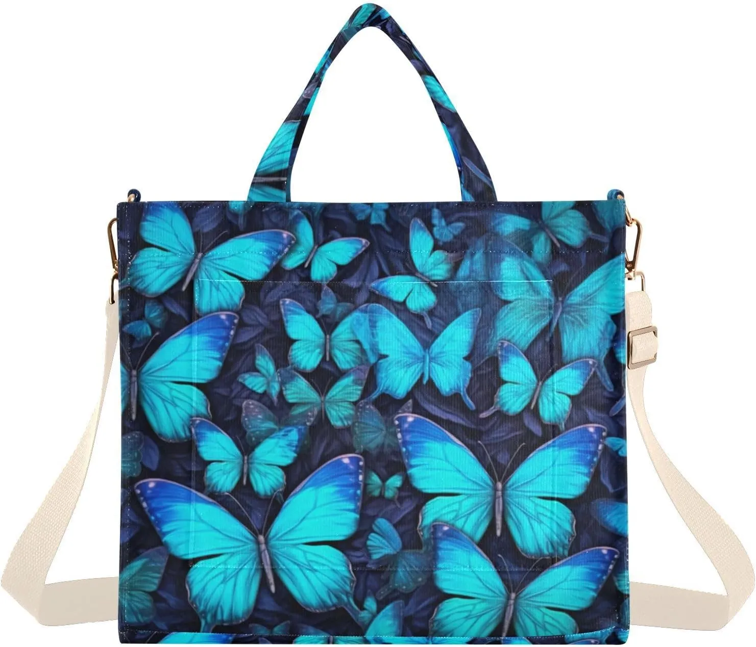 Kigai Butterfly Blue Corduroy Tote Bag for Women Hobo Crossbody Bag Purse Stylish Shoulder Handbag Messenger Bags, S