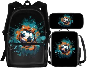 Kuiaobaty Soccer 15 Inches School Bag Set 3 Pack Modern Boy Backpack Set with Lunch Bag Insulated Large Capacity Shoulder Backpack Set Lightweight Book Bag 2024 Gift for Holiday