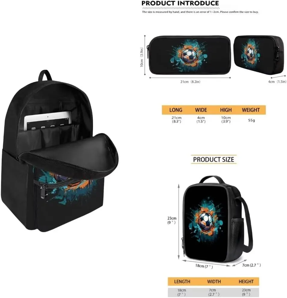 Kuiaobaty Soccer 15 Inches School Bag Set 3 Pack Modern Boy Backpack Set with Lunch Bag Insulated Large Capacity Shoulder Backpack Set Lightweight Book Bag 2024 Gift for Holiday