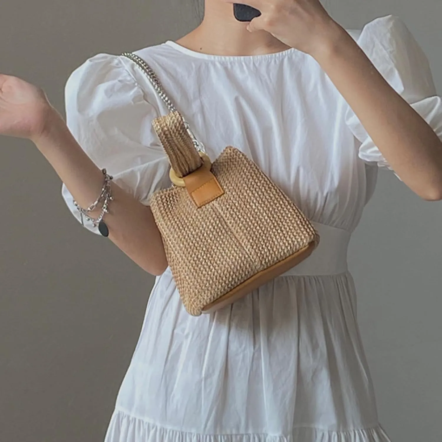 LAPRBY Women's Summer Vacation Clutch Chic Raffia Straw Rattan Handbag Bucket Bag Shoulder Bag Summer Beach Purse
