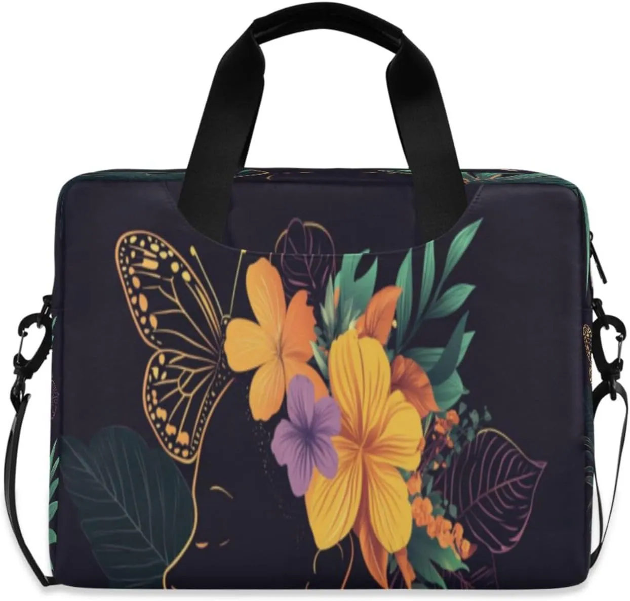 Laptop Bag for Women - Fits 16 inch with Laptop Compartment Carrying Messenger Sleeve with Strap Professional Fashion Travel Purse for Business Office Bag Black Girl Flower