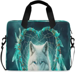 Laptop Bag for Women - Fits 16 inch with Laptop Compartment Carrying Messenger Sleeve with Strap Professional Fashion Travel Purse for Business Office Bag Blue Feather and Wolf