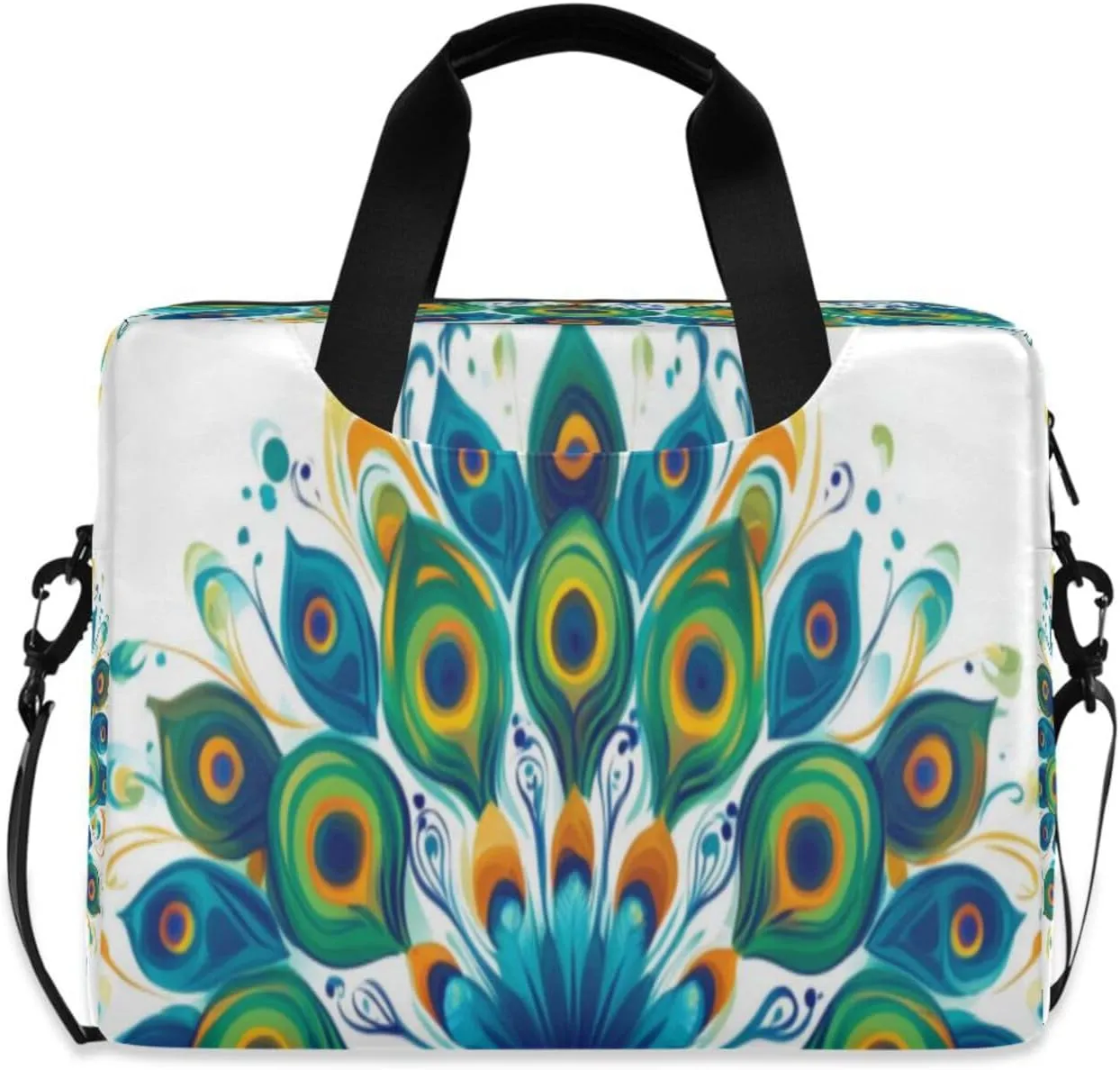 Laptop Bag for Women - Fits 16 inch with Laptop Compartment Carrying Messenger Sleeve with Strap Professional Fashion Travel Purse for Business Office Bag Blue Peacock Feathers