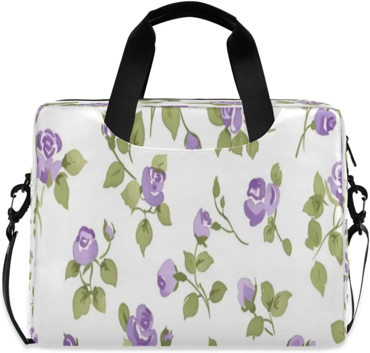 Laptop Bag for Women - Fits 16 inch with Laptop Compartment Carrying Messenger Sleeve with Strap Professional Fashion Travel Purse for Business Office Bag Purple Roses and Green Leaves Pattern