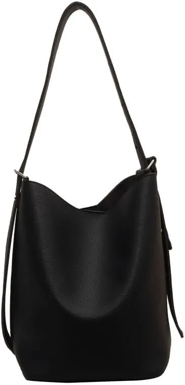 Leather Bucket Tote Bag for Women Hobo Bags Slouchy Shoulder Bag Bucket Bags for Women Trendy Handbag (Black)