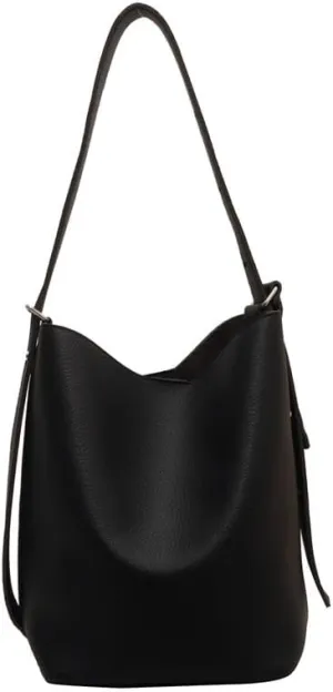 Leather Bucket Tote Bag for Women Hobo Bags Slouchy Shoulder Bag Bucket Bags for Women Trendy Handbag (Black)