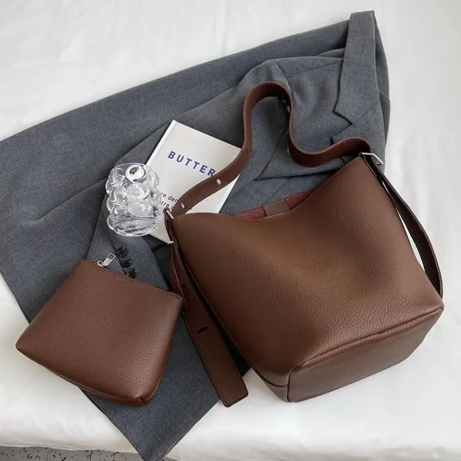 Leather Bucket Tote Bag for Women Hobo Bags Slouchy Shoulder Bag Bucket Bags for Women Trendy Handbag (Coffee)