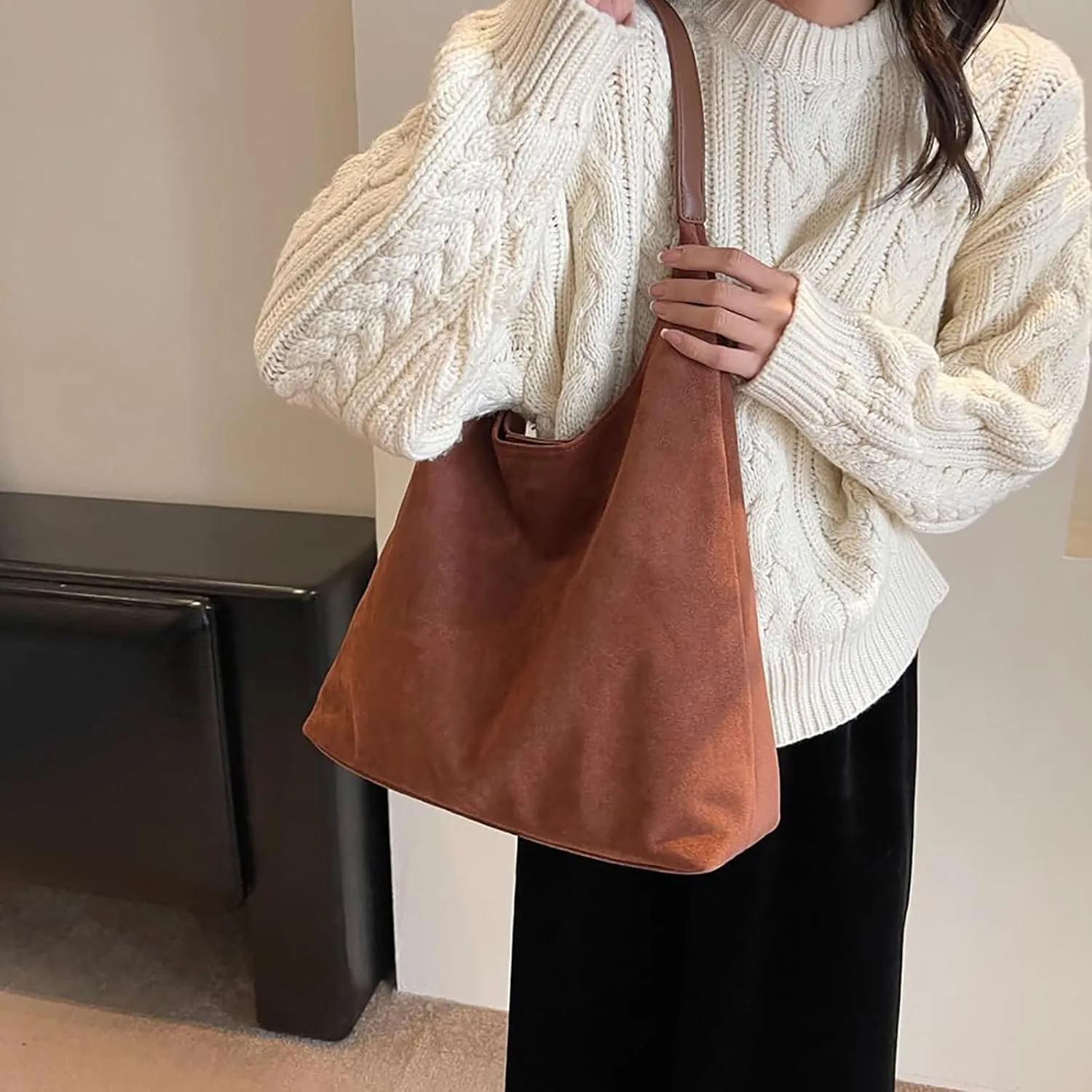Leather Hobo Bags for Women - Brown Suede Retro Shoulder & Slouchy Bags for Fall