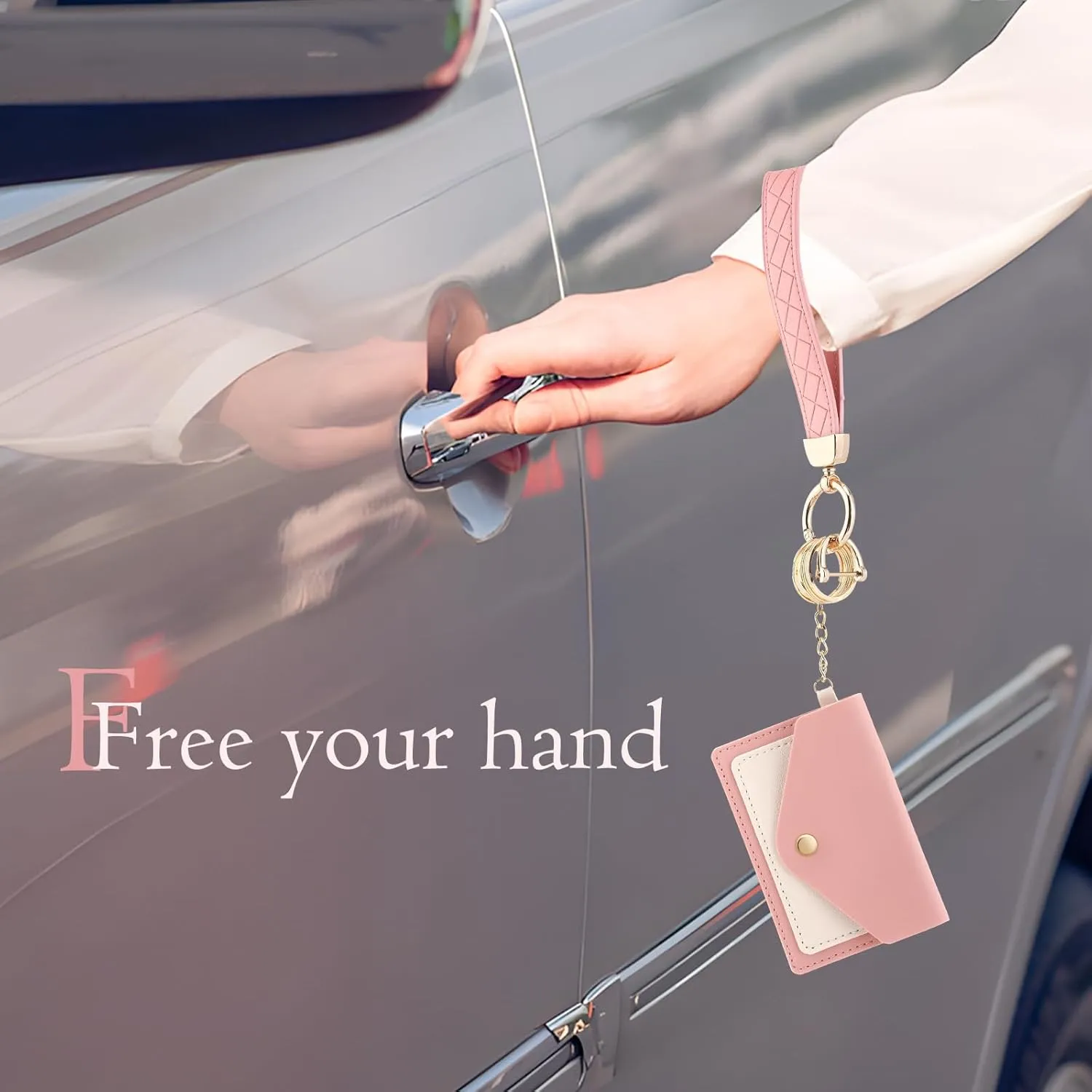 Leather Wristlet Keychain,Cute Wallet Keychain Car Key Chain Holder with 2 Key Ring Key Fob Wristband for Women