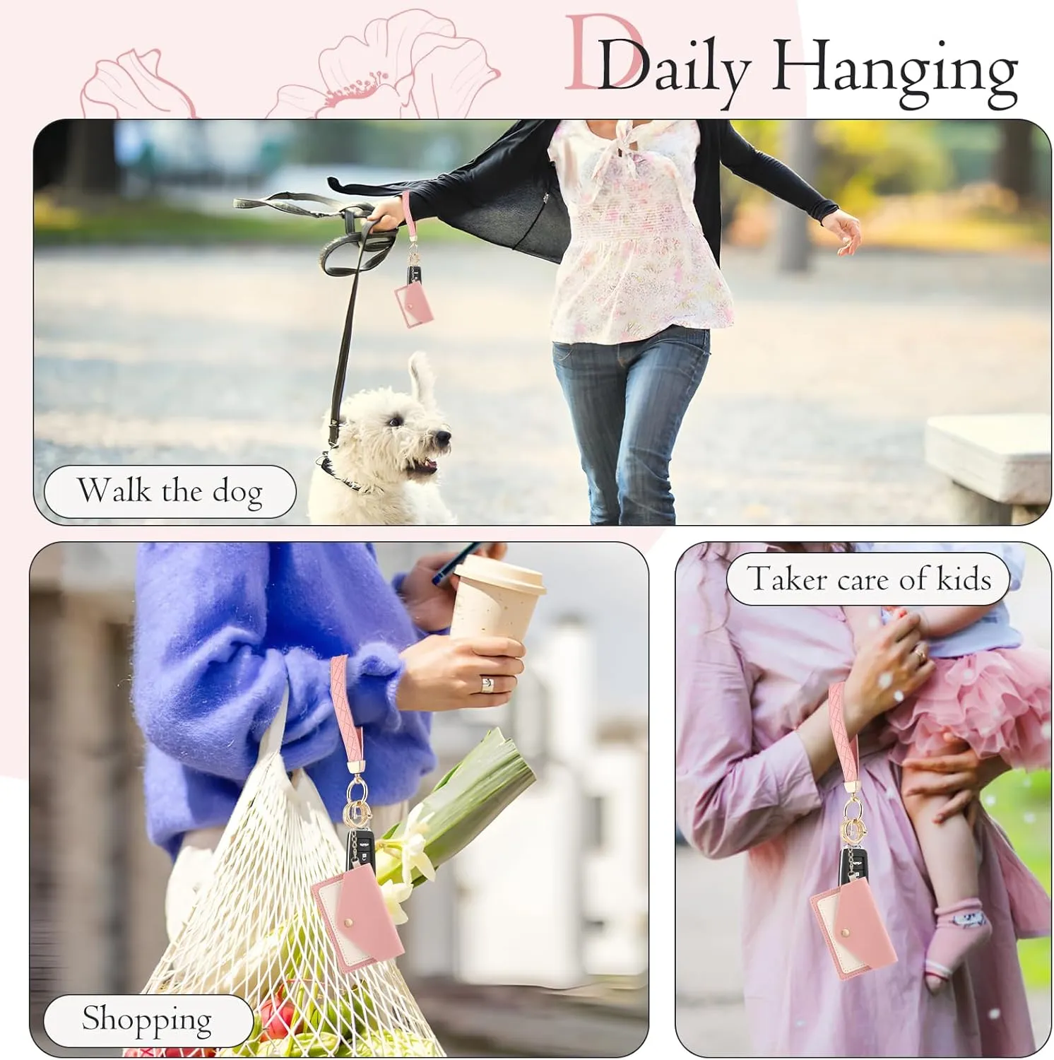 Leather Wristlet Keychain,Cute Wallet Keychain Car Key Chain Holder with 2 Key Ring Key Fob Wristband for Women