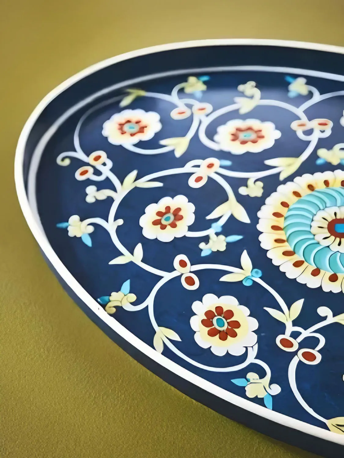 Les Ottomans Multi-Blue Ikat Oval Hand-Painted Iron Tray