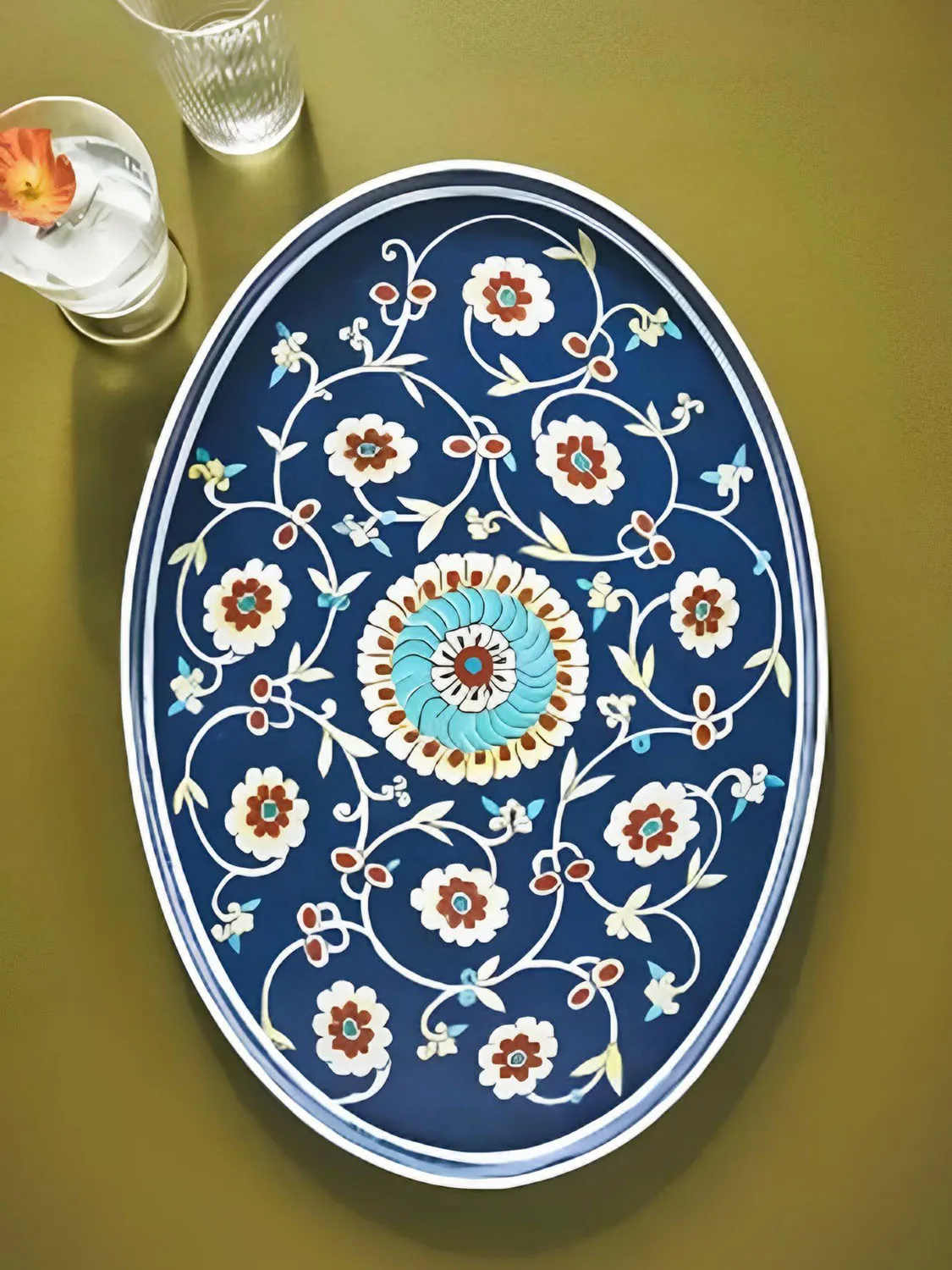 Les Ottomans Multi-Blue Ikat Oval Hand-Painted Iron Tray