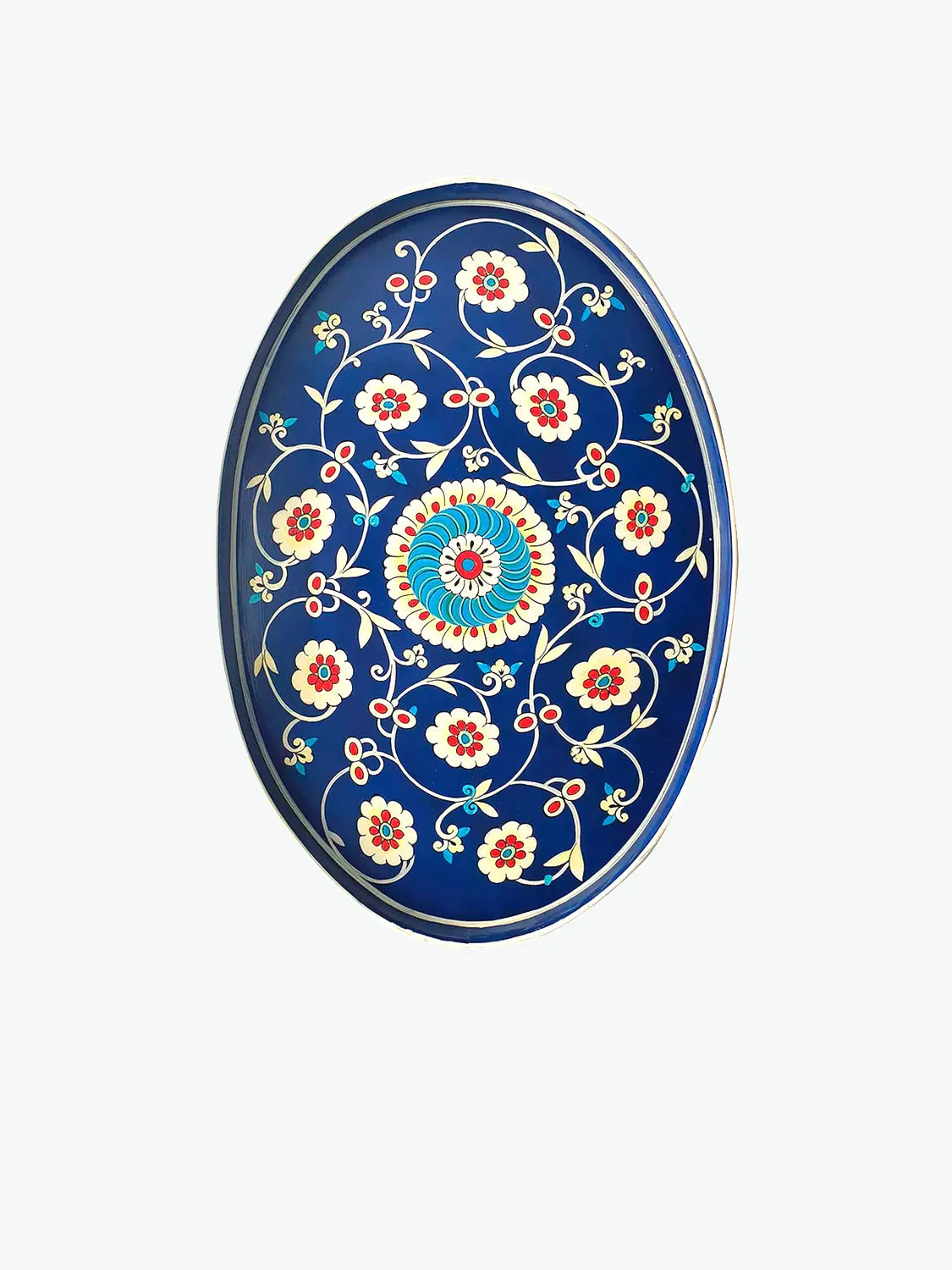 Les Ottomans Multi-Blue Ikat Oval Hand-Painted Iron Tray