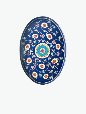 Les Ottomans Multi-Blue Ikat Oval Hand-Painted Iron Tray