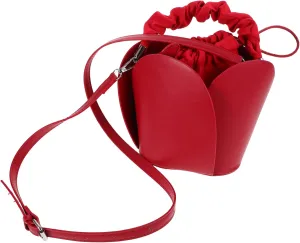 LIFKOME Stylish Mini Bucket Bag for Women Red Faux Leather Drawstring Handbag Petal Design for Casual Outings Parties and Daily Use