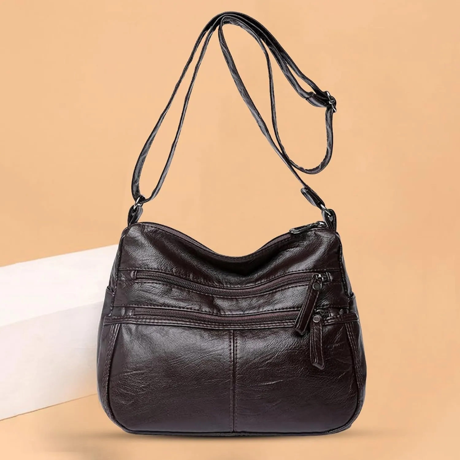 Lightweight Pocketbook Fashion Casual Women's Retro Soft Leather Zipper Double Pocket Shoulder Messenger Bag