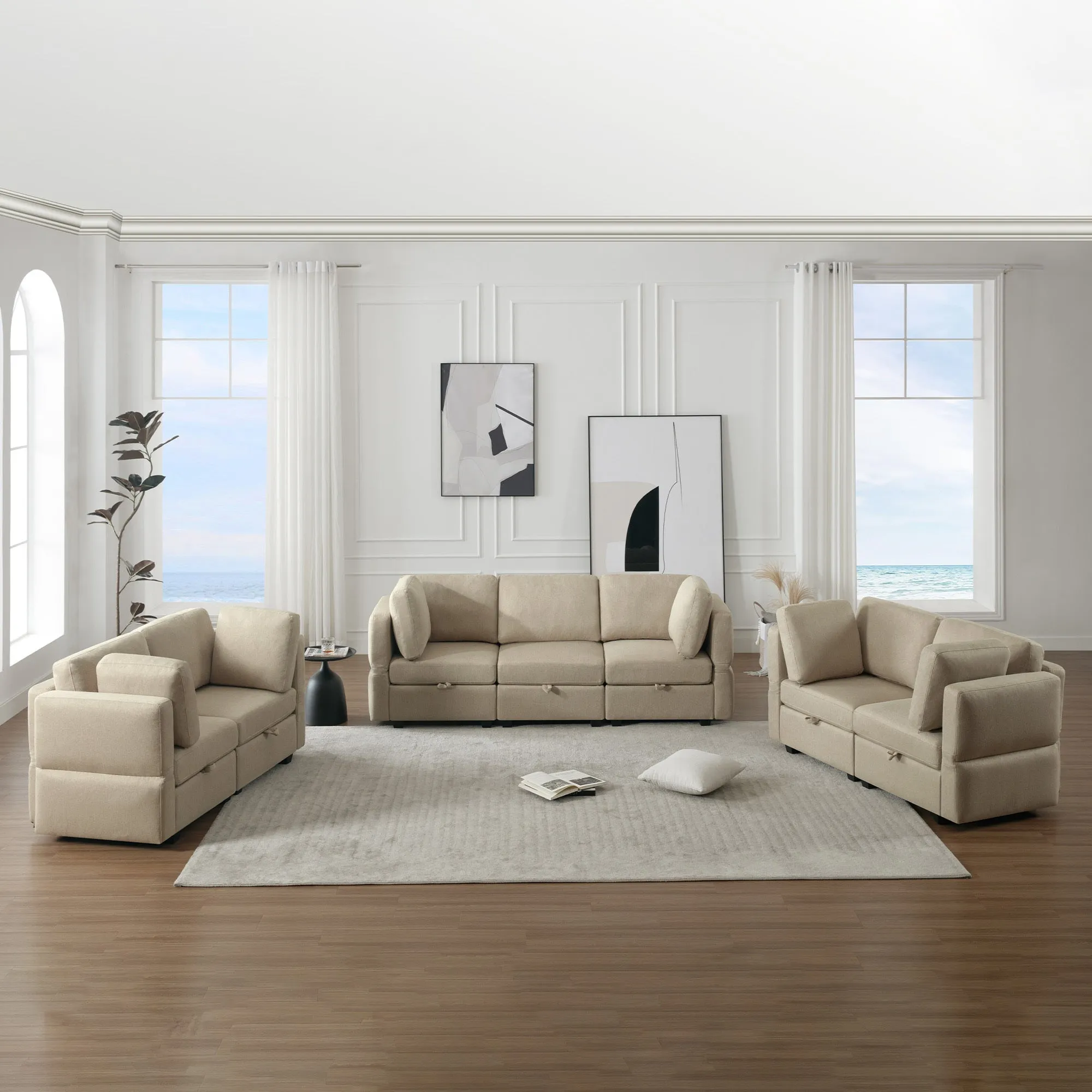 Living Room Furniture 7 Piece Set Including One 3-Seater Sofa and Two 2 Loveseats , Adjustable Arms and Backs Comforty Sofas & Couches with Comfy Seat and Arm Cushions - Beige