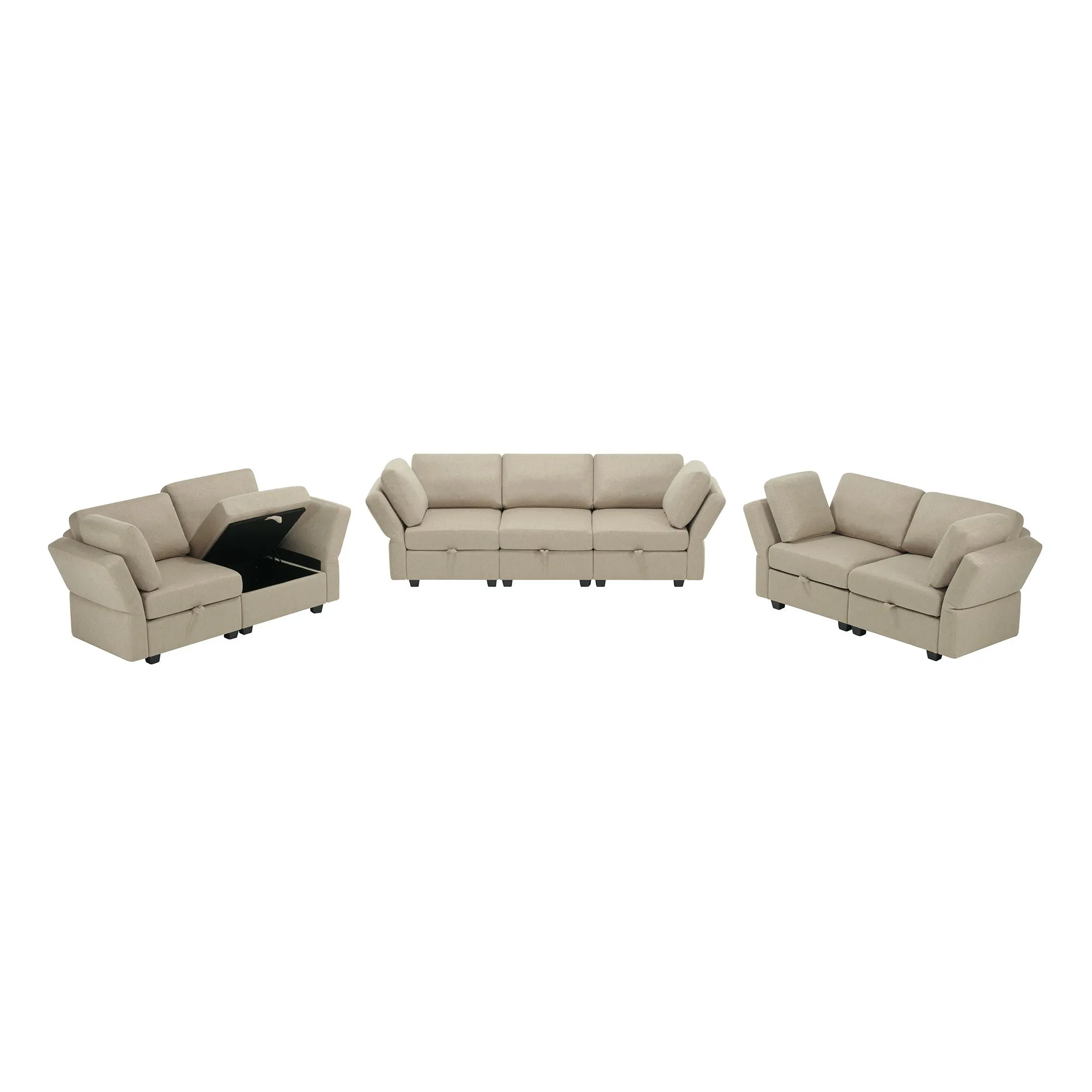 Living Room Furniture 7 Piece Set Including One 3-Seater Sofa and Two 2 Loveseats , Adjustable Arms and Backs Comforty Sofas & Couches with Comfy Seat and Arm Cushions - Beige