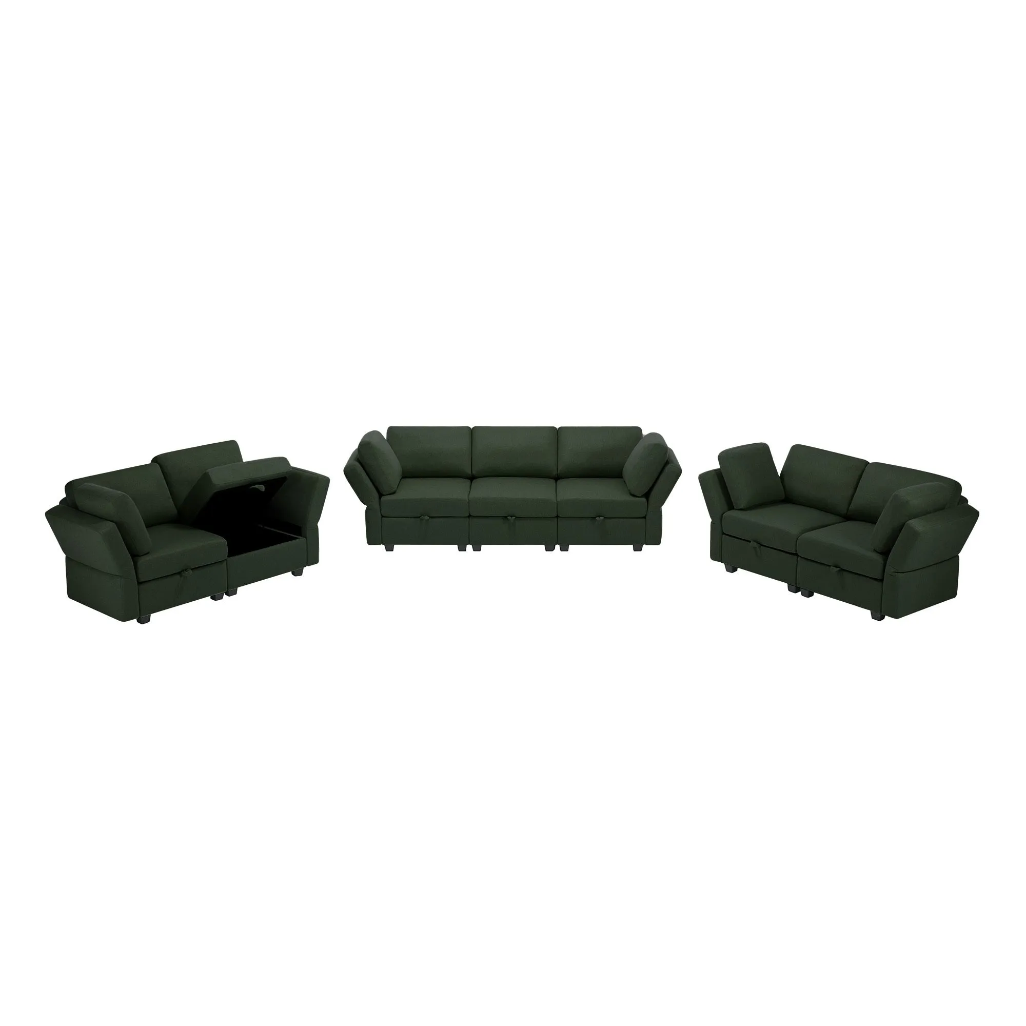Living Room Furniture 7 Piece Set Including One 3-Seater Sofa and Two 2 Loveseats , Adjustable Arms and Backs Comforty Sofas & Couches with Comfy Seat and Arm Cushions - Green