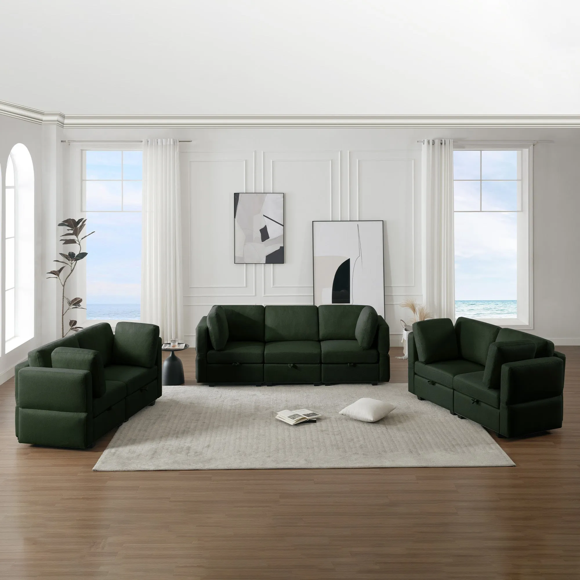 Living Room Furniture 7 Piece Set Including One 3-Seater Sofa and Two 2 Loveseats , Adjustable Arms and Backs Comforty Sofas & Couches with Comfy Seat and Arm Cushions - Green