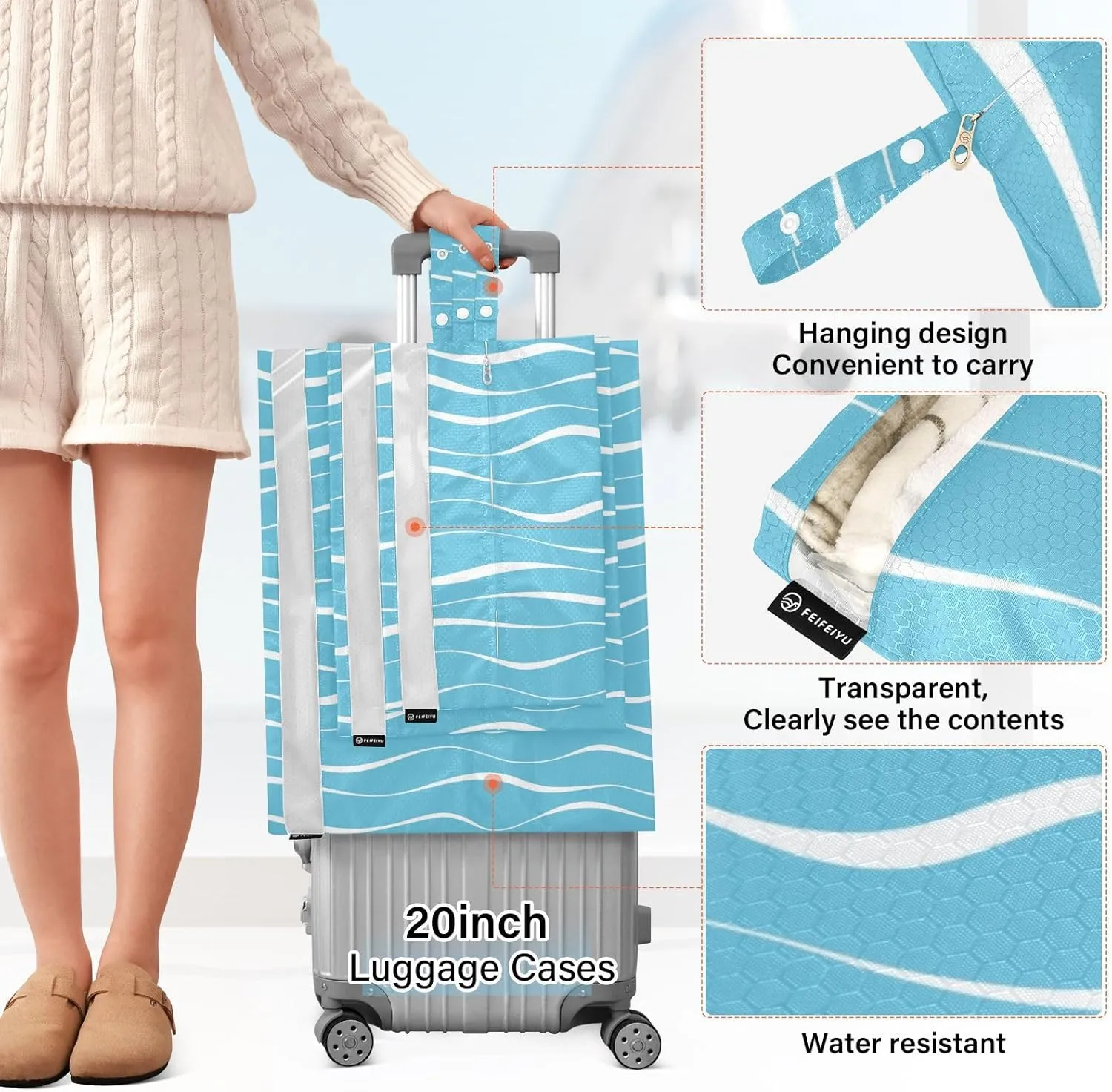 Luggage Space Saver, Luggages Management Personnel, Blue Sea Waves, With Zipper, 3 Set Travel Packing Cubes For Suitcases, Garment Bag Closet Storage