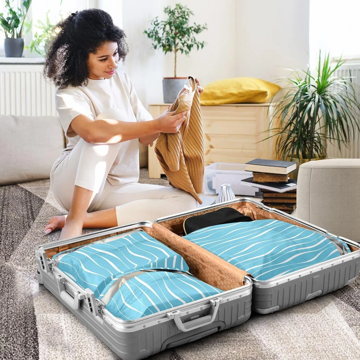 Luggage Space Saver, Luggages Management Personnel, Blue Sea Waves, With Zipper, 3 Set Travel Packing Cubes For Suitcases, Garment Bag Closet Storage