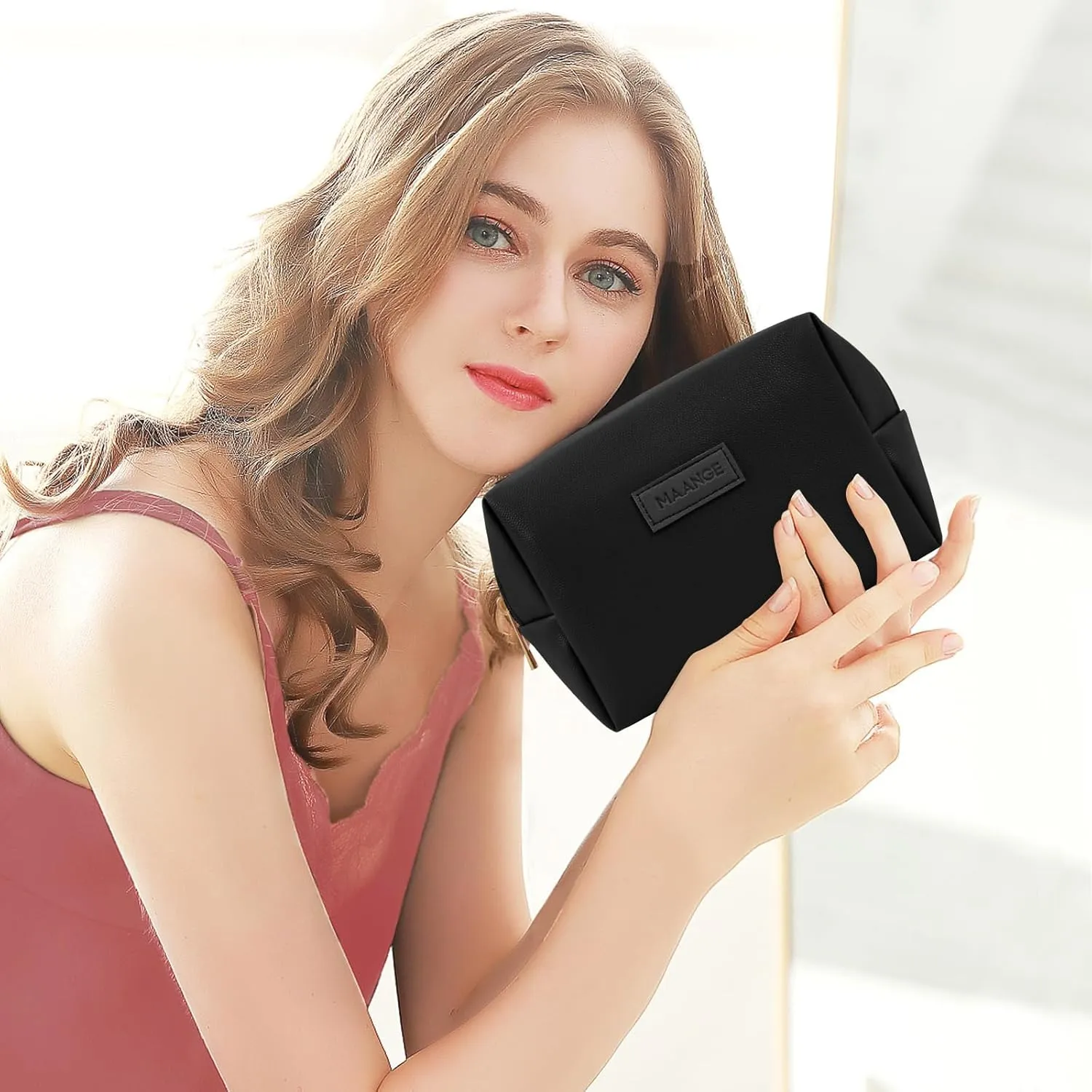 MAANGE Small Makeup Bag For Purse, Travel Cosmetic Bag Makeup Pouch PU Leather Portable Versatile Zipper Pouch For Women (Black)