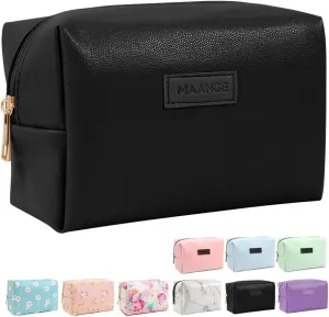 MAANGE Small Makeup Bag For Purse, Travel Cosmetic Bag Makeup Pouch PU Leather Portable Versatile Zipper Pouch For Women (Black)