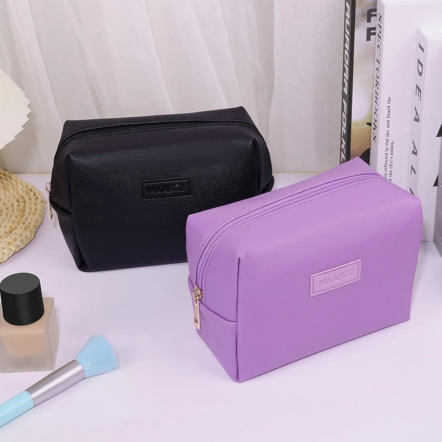 MAANGE Small Makeup Bag For Purse, Travel Cosmetic Bag Makeup Pouch PU Leather Portable Versatile Zipper Pouch For Women (Black)