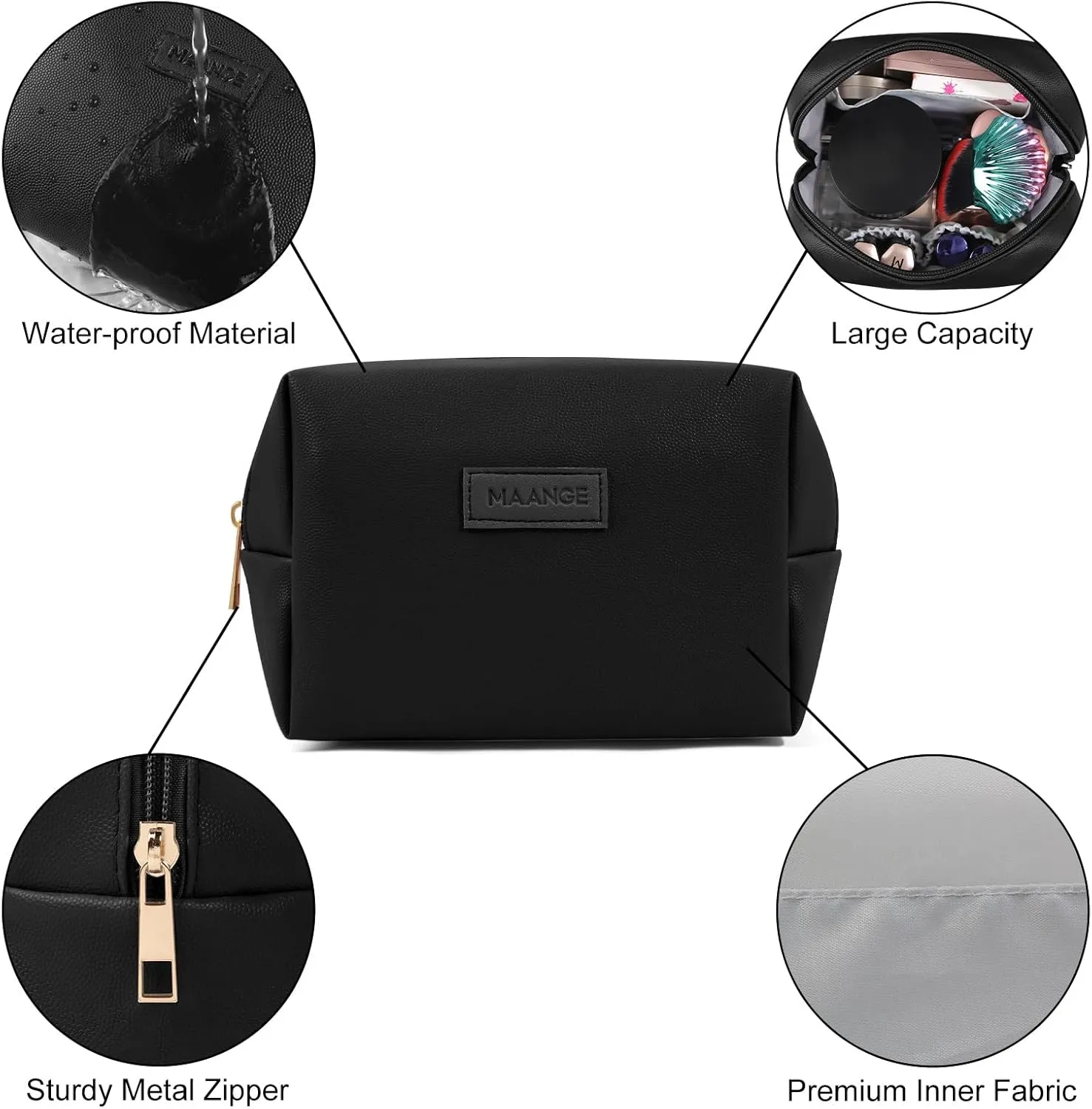 MAANGE Small Makeup Bag For Purse, Travel Cosmetic Bag Makeup Pouch PU Leather Portable Versatile Zipper Pouch For Women (Black)