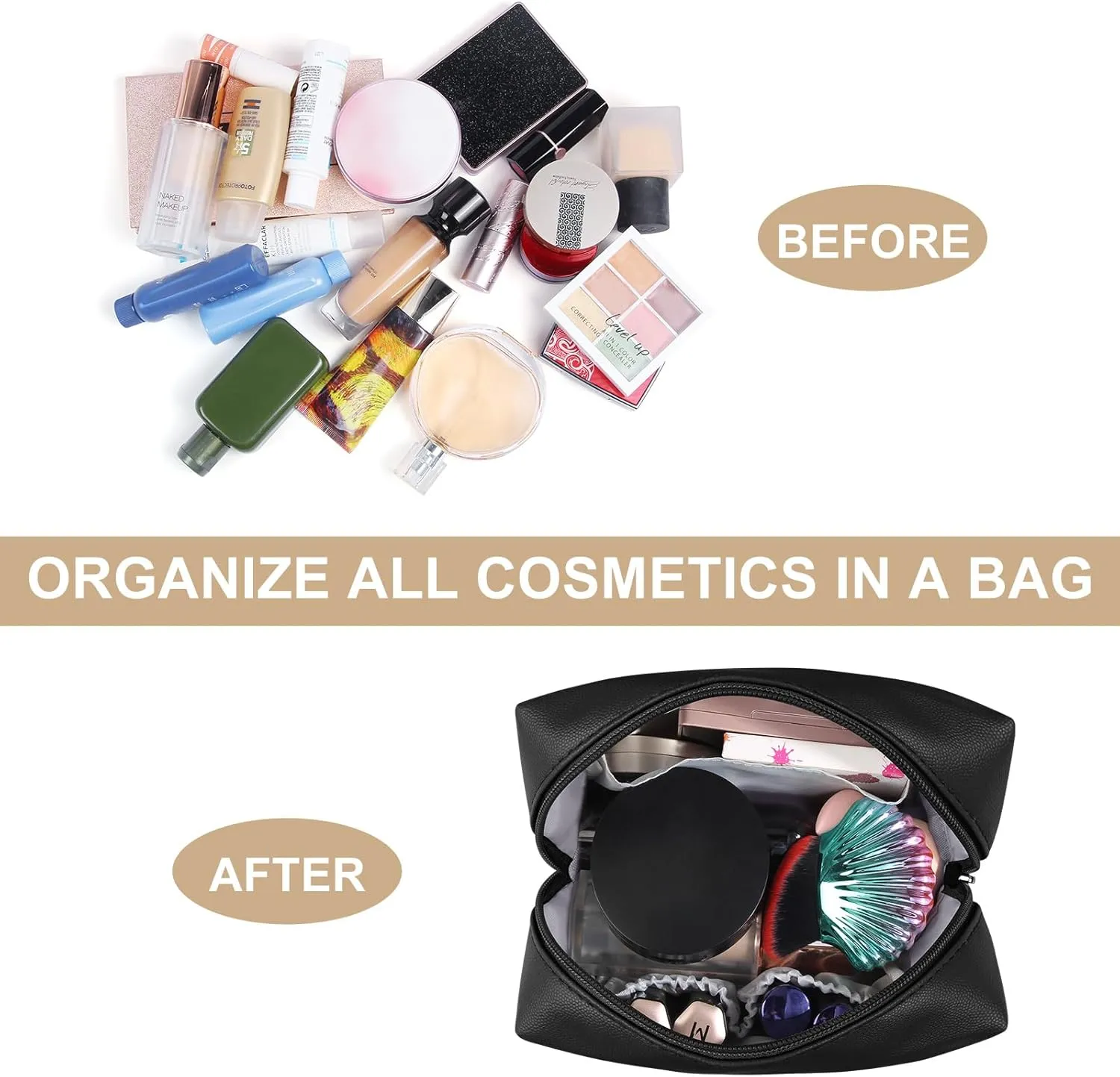 MAANGE Small Makeup Bag For Purse, Travel Cosmetic Bag Makeup Pouch PU Leather Portable Versatile Zipper Pouch For Women (Black)