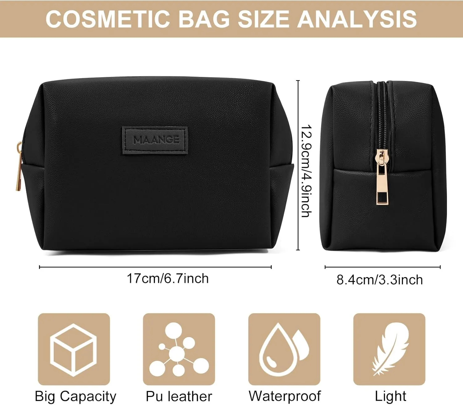 MAANGE Small Makeup Bag For Purse, Travel Cosmetic Bag Makeup Pouch PU Leather Portable Versatile Zipper Pouch For Women (Black)