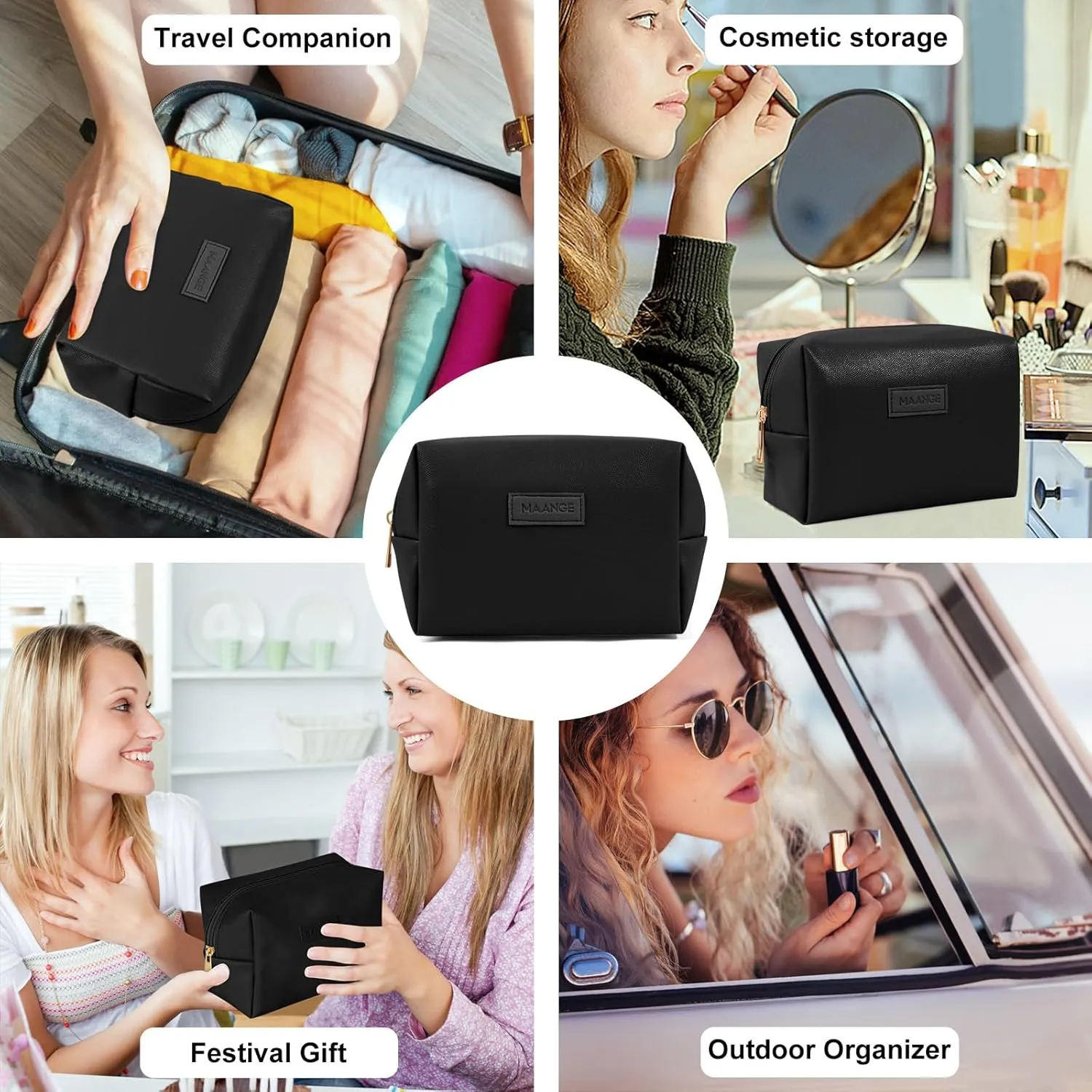 MAANGE Small Makeup Bag For Purse, Travel Cosmetic Bag Makeup Pouch PU Leather Portable Versatile Zipper Pouch For Women (Black)
