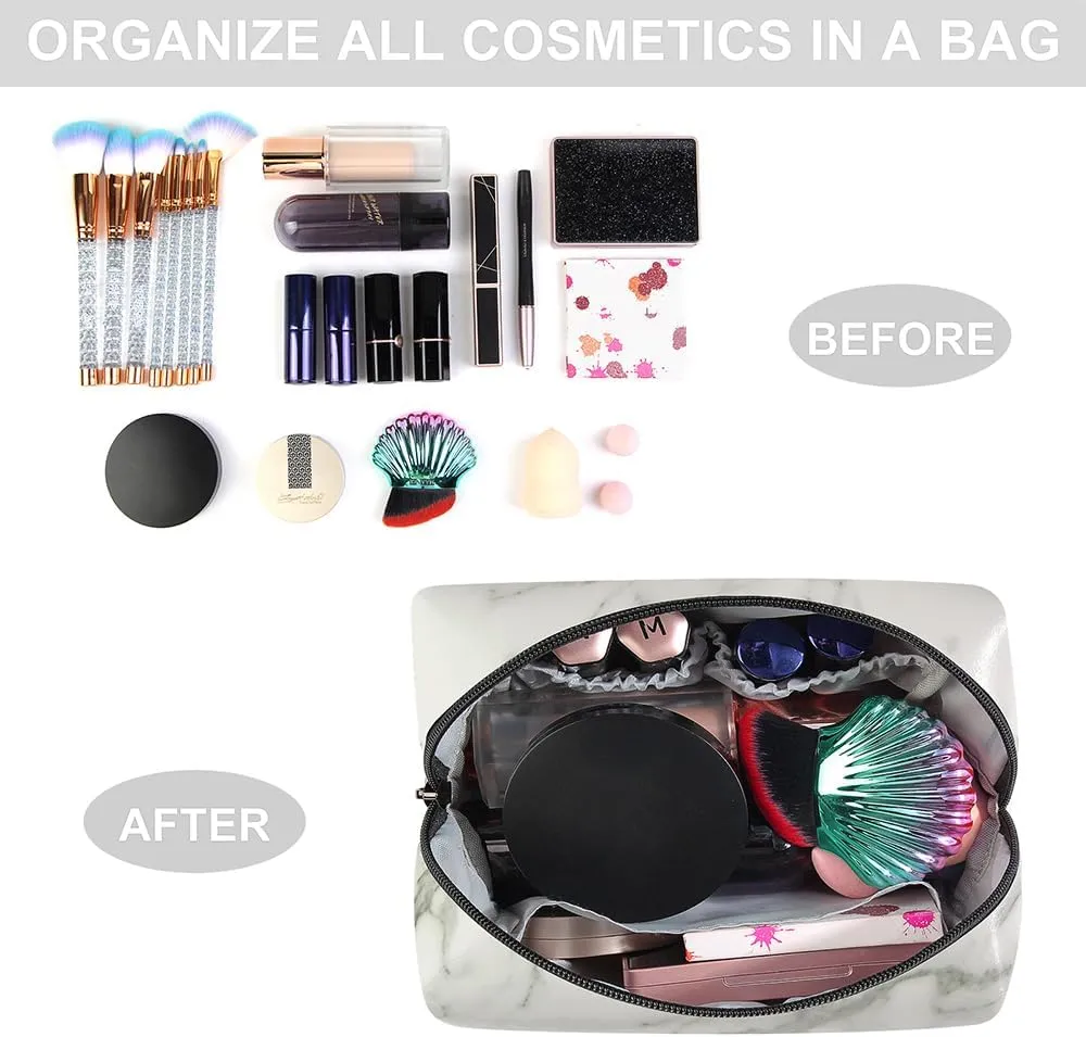 MAANGE Small Makeup Bag For Purse, Travel Cosmetic Bag Makeup Pouch PU Leather Portable Versatile Zipper Pouch For Women (Marble)