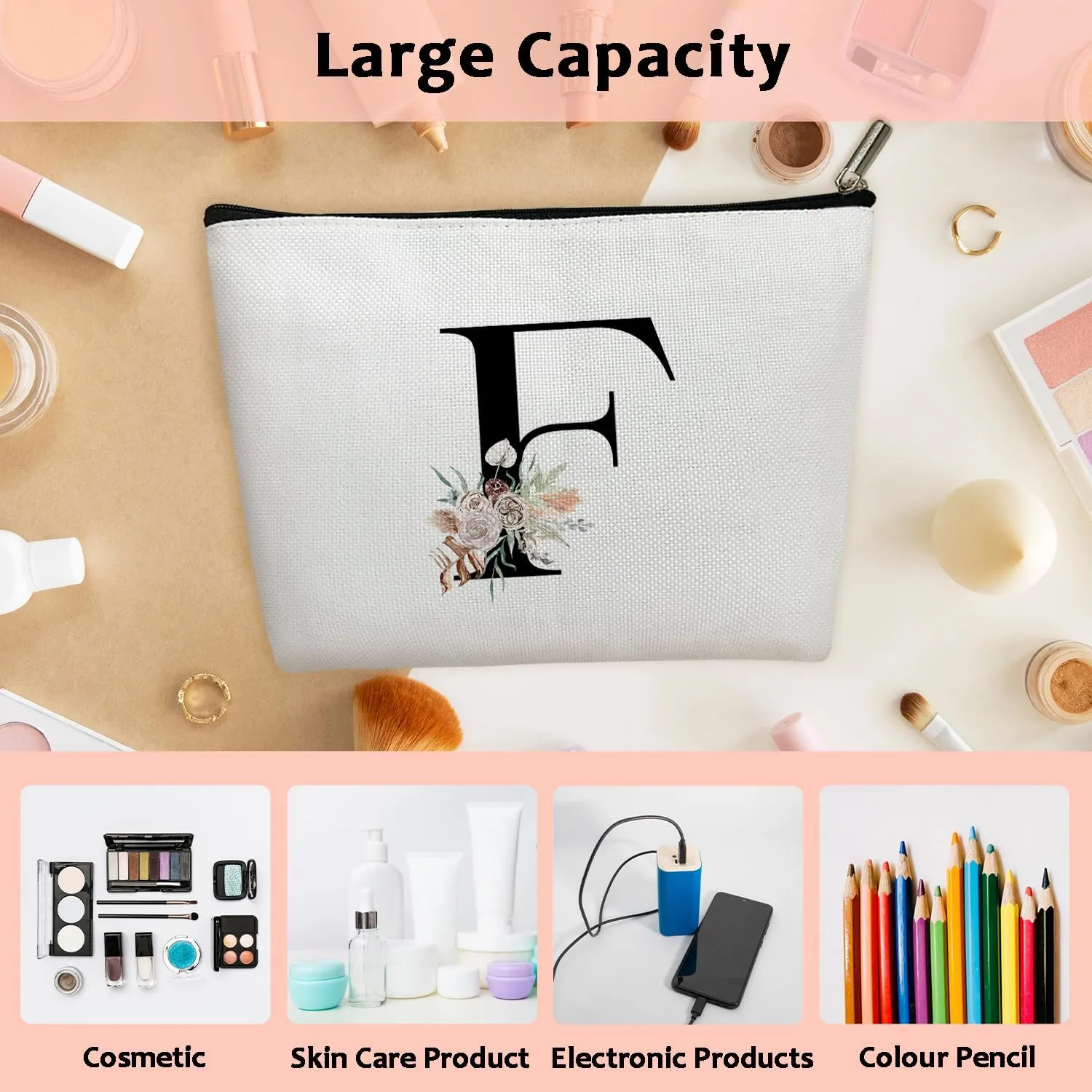 Make up bags for women, Small makeup bag for travel, Bridesmaid gifts for wedding day, Stuff bags for travel, Small makeup pouch for purse, Girls Weekend GiftsLetter-F