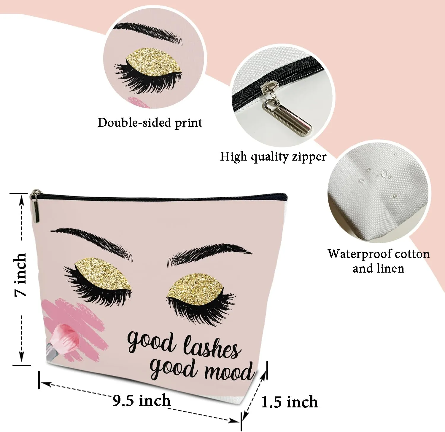 Makeup Bag, Eyelash Pink Travel Makeup Organizer Bag, Good Lash Good Mood, Portable Toiletry Makeup Pouch, Storage Makeup Zipper Bag, Graduation Gifts for Women Sister Friend Girl Mom -16